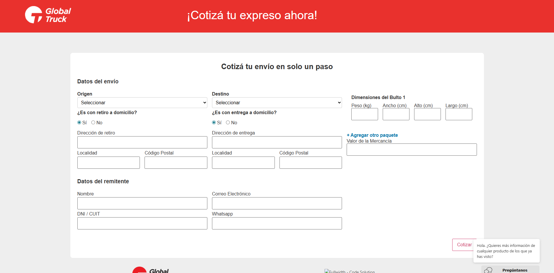 Captura del proyecto Cotizador Global Truck – Cotizador de envios