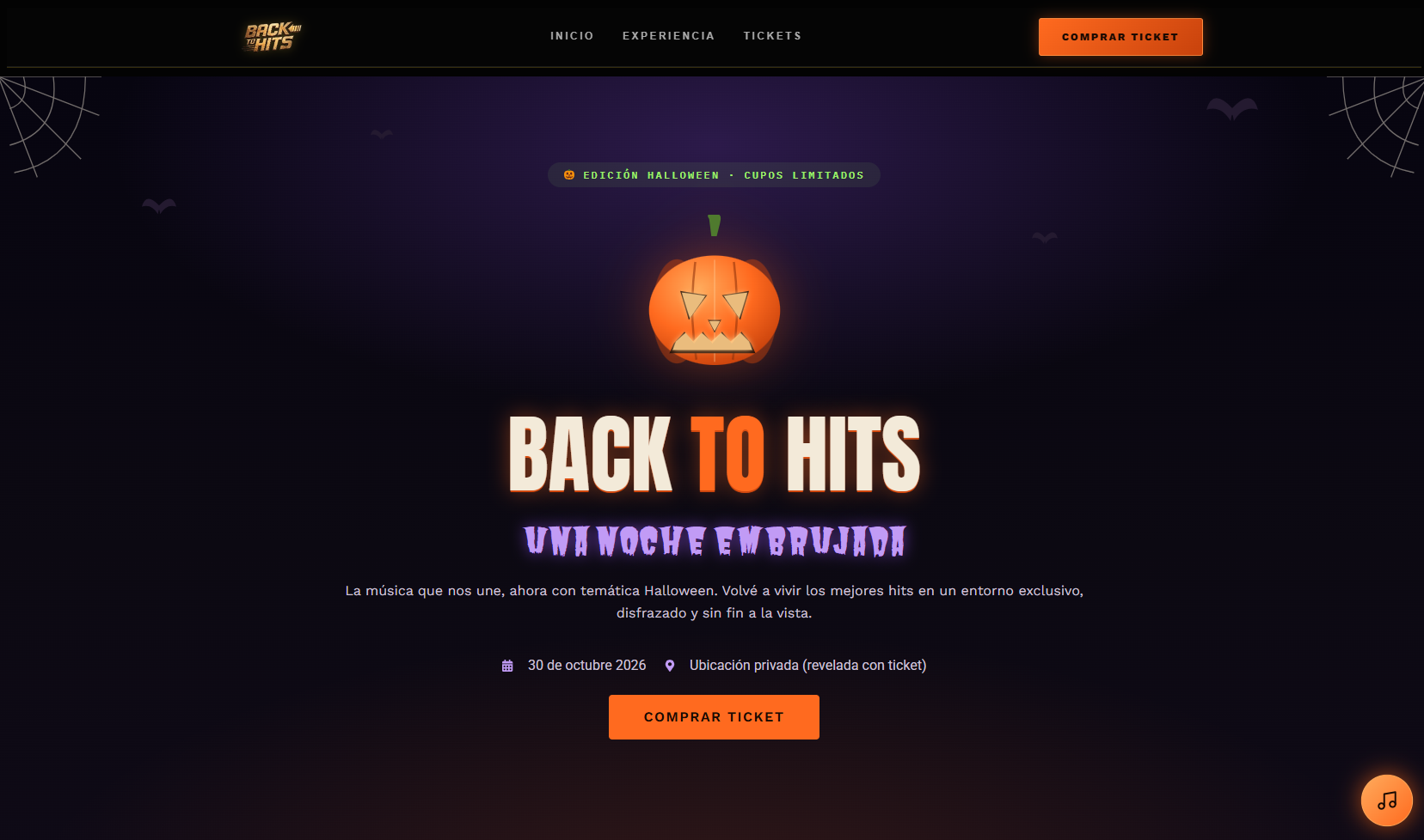 Captura del proyecto Back to Hits: Edición Halloween – Landing Page de Alta Conversión